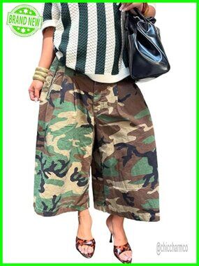 Wide Leg High Waist Cargo Capris Camo Army Fatigue Pants Y2k